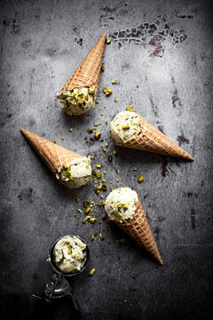 Overhead view of pistachio ice cream on table