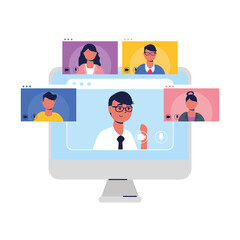 Man avatar on laptop and people in video chat vector design