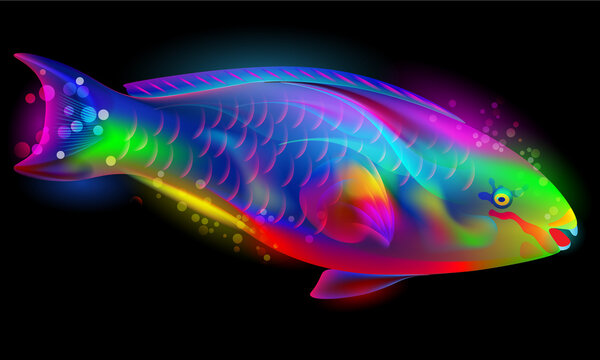 Vibrant, glowing, illuminated, luminescent, neon colorful parrotfish light art vector illustration	