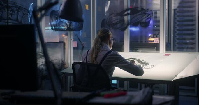 Woman drawing concept art for car design