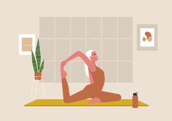 Young female character doing stretching exercises, mindfulness and meditation,  yoga studio