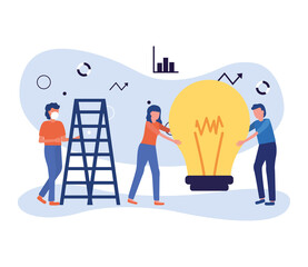 Woman and men with mask light bulb and ladder vector design