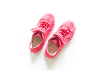 Sneakers pink white background. Copy spase