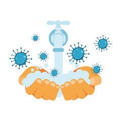 Hands washing under water tap and covid 19 virus vector design