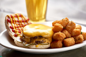 Cheeseburger with Tater Tots and Beer