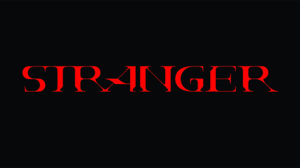 Custom serif logo font of the word Stranger in red color on black background in elegance, geometric and minimal style