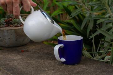 mans hand pouring a cup of tea in cup in backyard, rustic look
