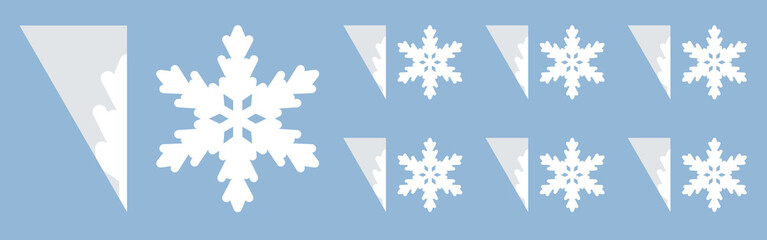 Silhouette of different shapes of snowflake for cutting from paper. Set of template snowflakes for New Year winter decor. Simple blanks for decoration on holidays. Isolated on blue vector illustration