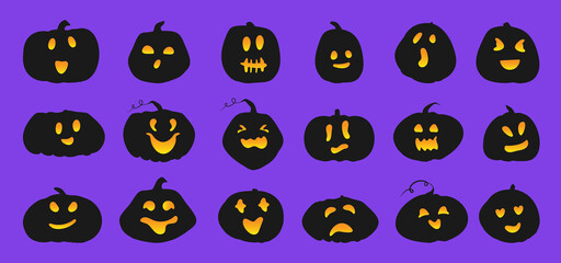 Obraz premium Set of pumpkin silhouette with luminous orange face. Black icons squash different shapes and emotion.Template for design main holiday in october. Decor creepy funny cute Halloween. Vector illustration