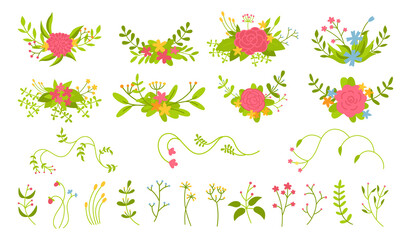 Flower branch and leaf, floral composition set. Botany abstract romantic beautiful design elements. Colorful flat floral cartoon eco collection. Isolated flowers, branches leaves. Vector illustration