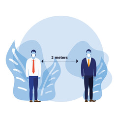 Office distancing between men with masks and leaves vector design