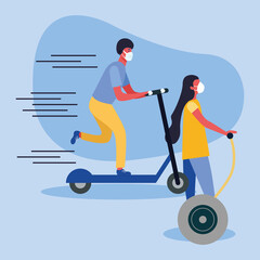 Woman and man with medical mask on scooter and hoverboard vector design