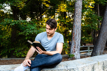 Handsome student reads a book concentrated in an outdoor park.