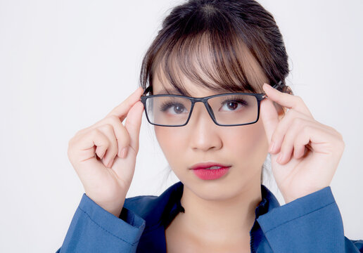 Beautiful Portrait Young Business Asian Woman Standing Wearing Glasses With Confident Isolated On White Background, Asia Businesswoman Career Secretary Or Accountant Work Success With Smiling Happy.