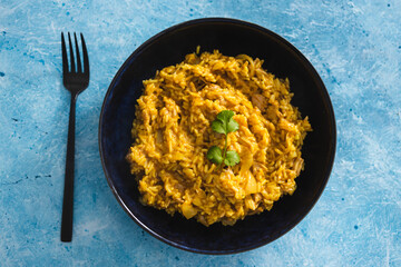 plant-based food, vegan creamy curry risotto with jackfruit
