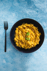 plant-based food, vegan creamy curry risotto with jackfruit