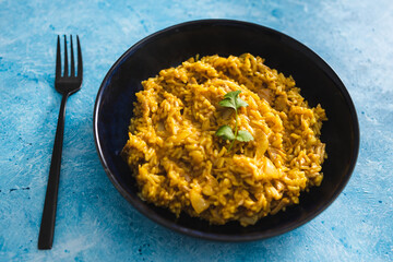 plant-based food, vegan creamy curry risotto with jackfruit