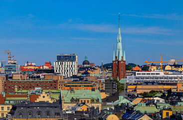 Naklejka premium Roofs of traditional old gothic buildings in Stockholm Sweden