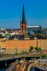 Fototapeta premium View onto Stockholm old town Gamla Stan and Riddarholmen church in Sweden