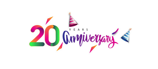 20th anniversary celebration logotype and anniversary calligraphy text colorful design, celebration birthday design on white background.