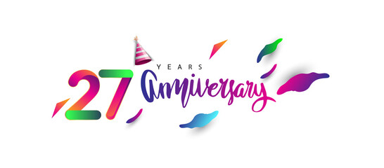 27th anniversary celebration logotype and anniversary calligraphy text colorful design, celebration birthday design on white background.