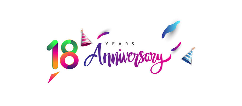 18th anniversary celebration logotype and anniversary calligraphy text colorful design, celebration birthday design on white background.