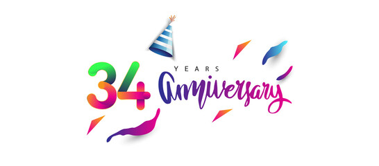 34th anniversary celebration logotype and anniversary calligraphy text colorful design, celebration birthday design on white background.