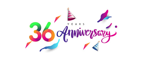 36th anniversary celebration logotype and anniversary calligraphy text colorful design, celebration birthday design on white background.