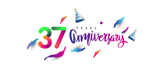 37th anniversary celebration logotype and anniversary calligraphy text colorful design, celebration birthday design on white background.
