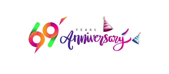 69th anniversary celebration logotype and anniversary calligraphy text colorful design, celebration birthday design on white background.
