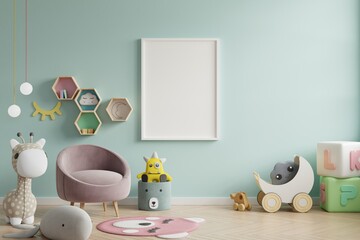 Mock up poster frame in children room,kids room,nursery mockup,green wall.