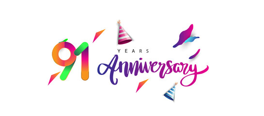 Fototapeta na wymiar 91st anniversary celebration logotype and anniversary calligraphy text colorful design, celebration birthday design on white background.