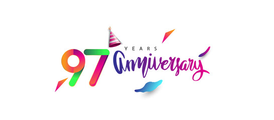 97th anniversary celebration logotype and anniversary calligraphy text colorful design, celebration birthday design on white background.