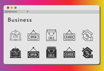 business icon set. included online shop, shopping bag, mortgage, closed, open icons on white background. linear, filled styles.