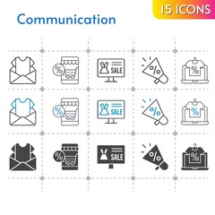 communication icon set. included newsletter, online shop, megaphone icons on white background. linear, bicolor, filled styles.