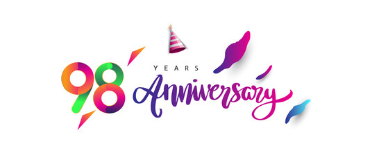 98th anniversary celebration logotype and anniversary calligraphy text colorful design, celebration birthday design on white background.