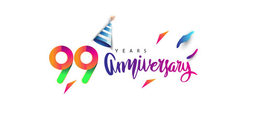 99th anniversary celebration logotype and anniversary calligraphy text colorful design, celebration birthday design on white background.