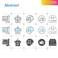 abstract icon set. included sale, shirt, package, like icons on white background. linear, bicolor, filled styles.