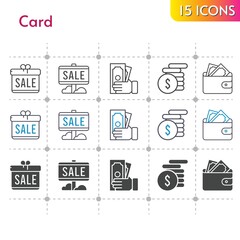 card icon set. included gift, sale, wallet, money icons on white background. linear, bicolor, filled styles.