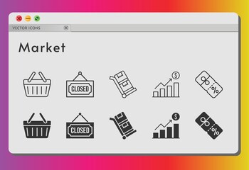 market icon set. included profits, closed, discount, shopping-basket, shopping basket, trolley icons on white background. linear, filled styles.