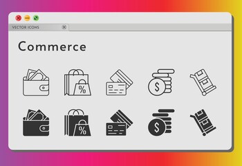 commerce icon set. included shopping bag, wallet, money, credit card, trolley icons on white background. linear, filled styles.