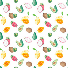 Watercolor seamless pattern tropical fruit set Pitaya Dragon fruit Avocado Kiwi Mango- Whole, Slice Tropical illustration Isolated on white background Hand drawn Kitchen, Textile Fabrics, Paper, Menu.