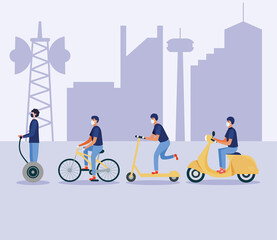 Men with masks on hoverboard scooter bike and motorcycle vector design