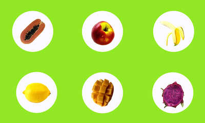 sticker icons with fruit - papaya, apple, banana, lemon, mango, Dragon fruit