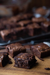 chocolate brownies with ingredients and baking tools