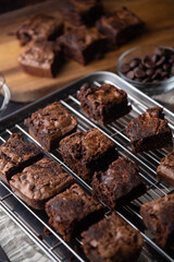 chocolate brownies with ingredients and baking tools