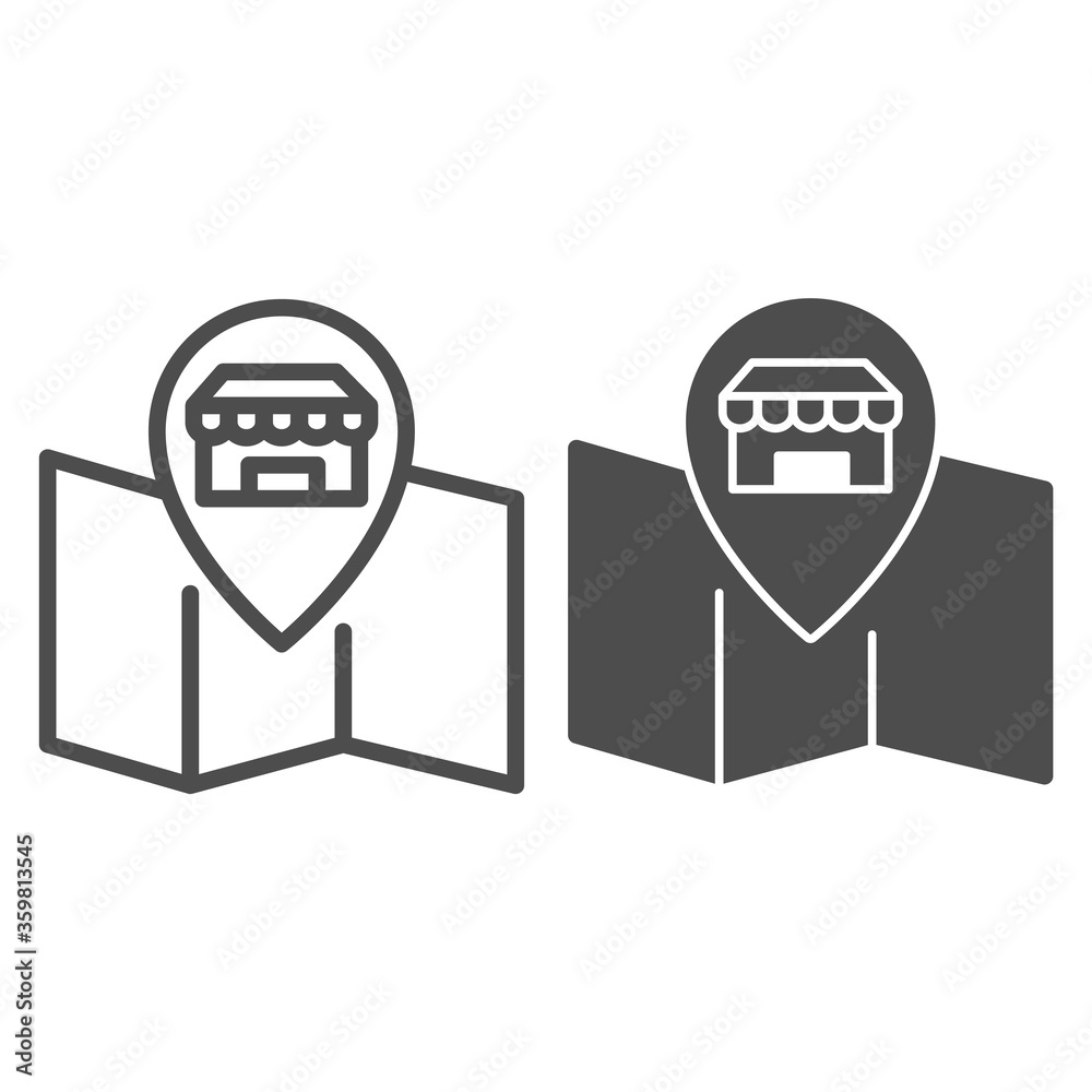Poster map and store pointer line and solid icon, shopping concept, map pointer with shop building sign on 