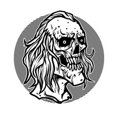 Vector illustration of Creepy Zombie Head with white hair on the White Background. Hand-drawn illustration for mascot sport logo badge label poster emblem patch t-shirt icon printing. Vector Logo