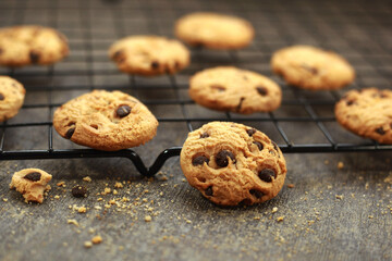 chocolate chip cookies on cooling rack in selective focus