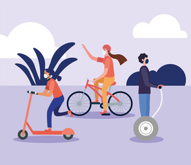 Women and man with masks on hoverboard scooter and bike vector design